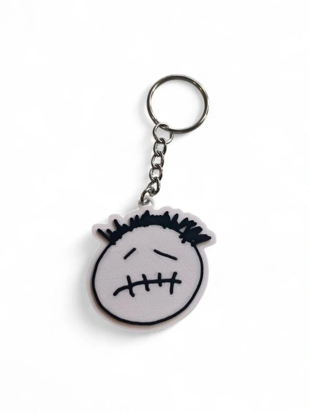 White & Black Sad Face Keychain with Metal Ring